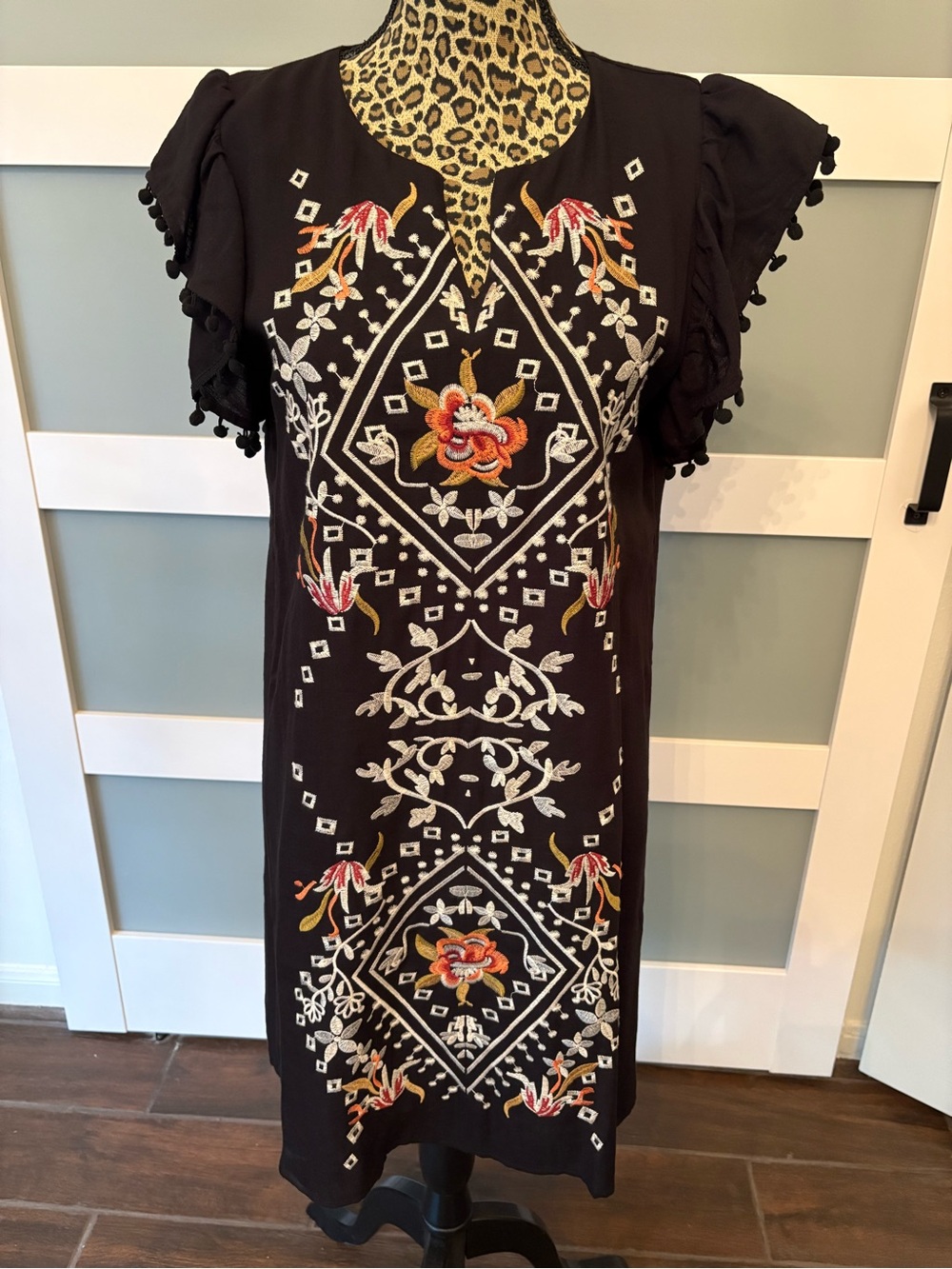 THML Black Midi Dress with Multicolor Floral Embroidery